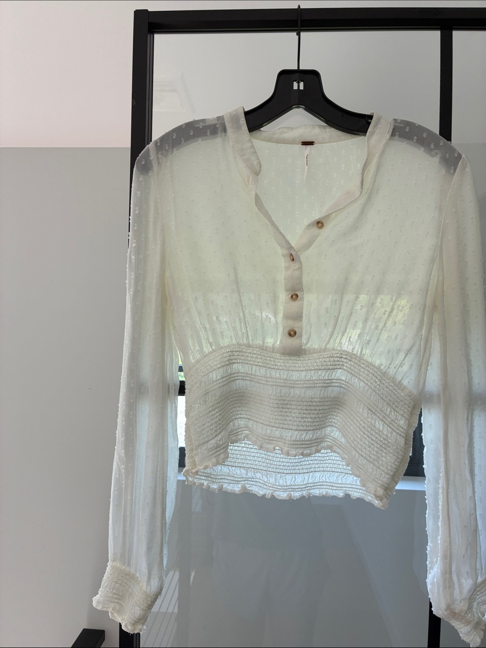 Free People Cream Sheer Swiss Dot Cropped Blouse